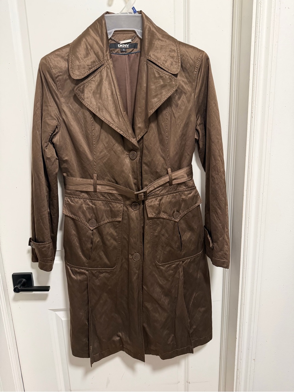 DKNY Brown Belted Trench Coat with Flap Pockets